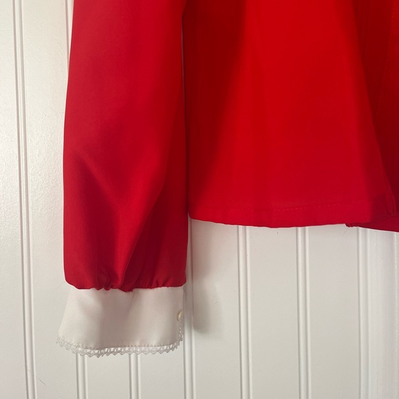 Vintage Red Blouse Bow Tie Neck White Collar Lace Pleated Front Alice Stuart - Picture 7 of 15